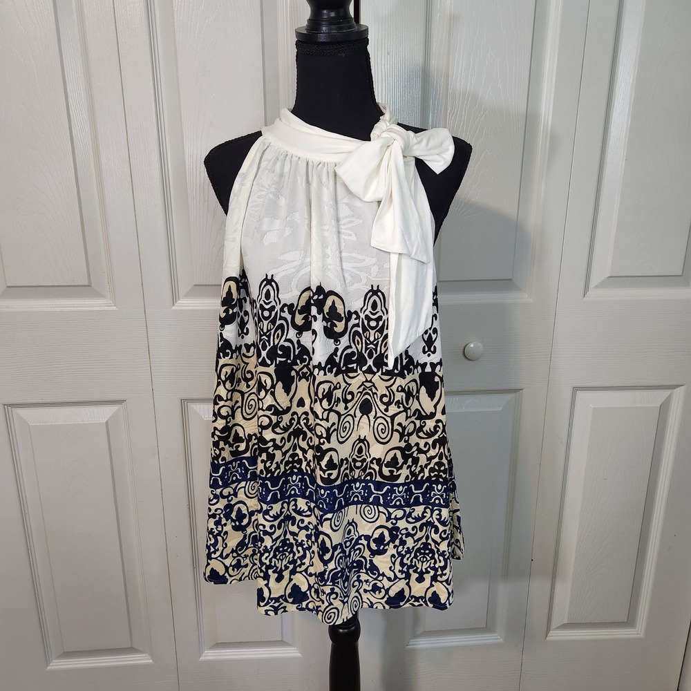 Simply Aster Womens White Damask Print Halter Neck Tie Bow Blouse Top XL NEW